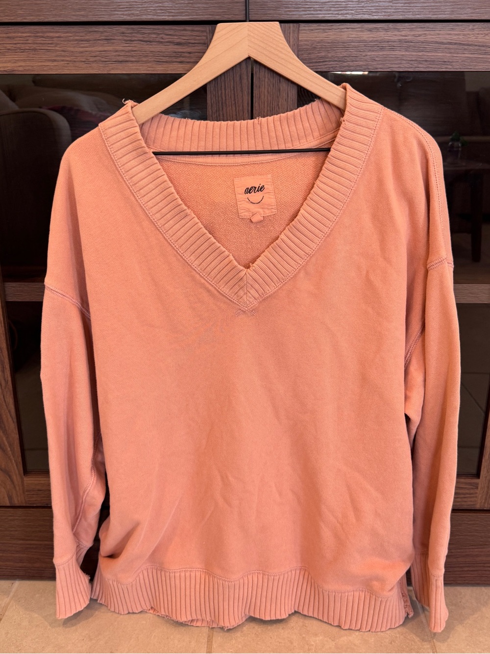Distressed Aerie Pullover V Neck Sweater Orange